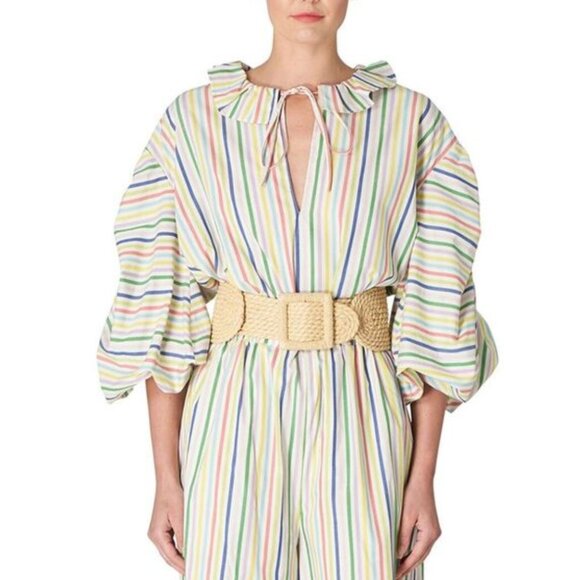 $1090 NEW Carolina Herrera Multicolor Neck Ruffle Shirred Elbow Puff Sleeve Top - Picture 4 of 14
